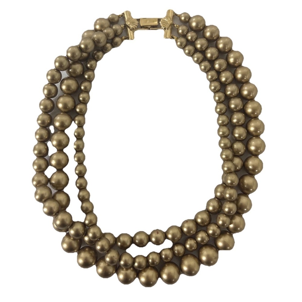 Vintage Richelieu 3 Strand Chunky Bead Choker Gold Tone Shell Clasp Necklace